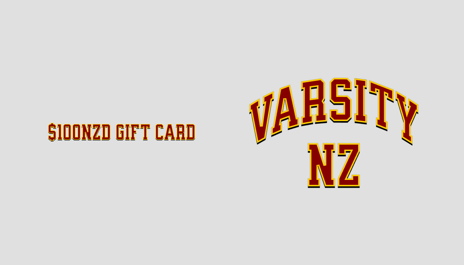 Gift card with '$100NZD' and 'Varsity NZ' text on a light gray background