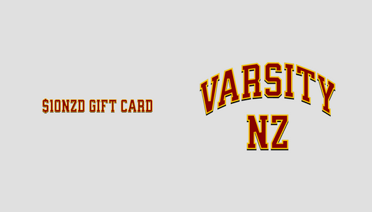 Gift card with '$10nzd Gift Card' and 'Varsity NZ' text on a light gray background